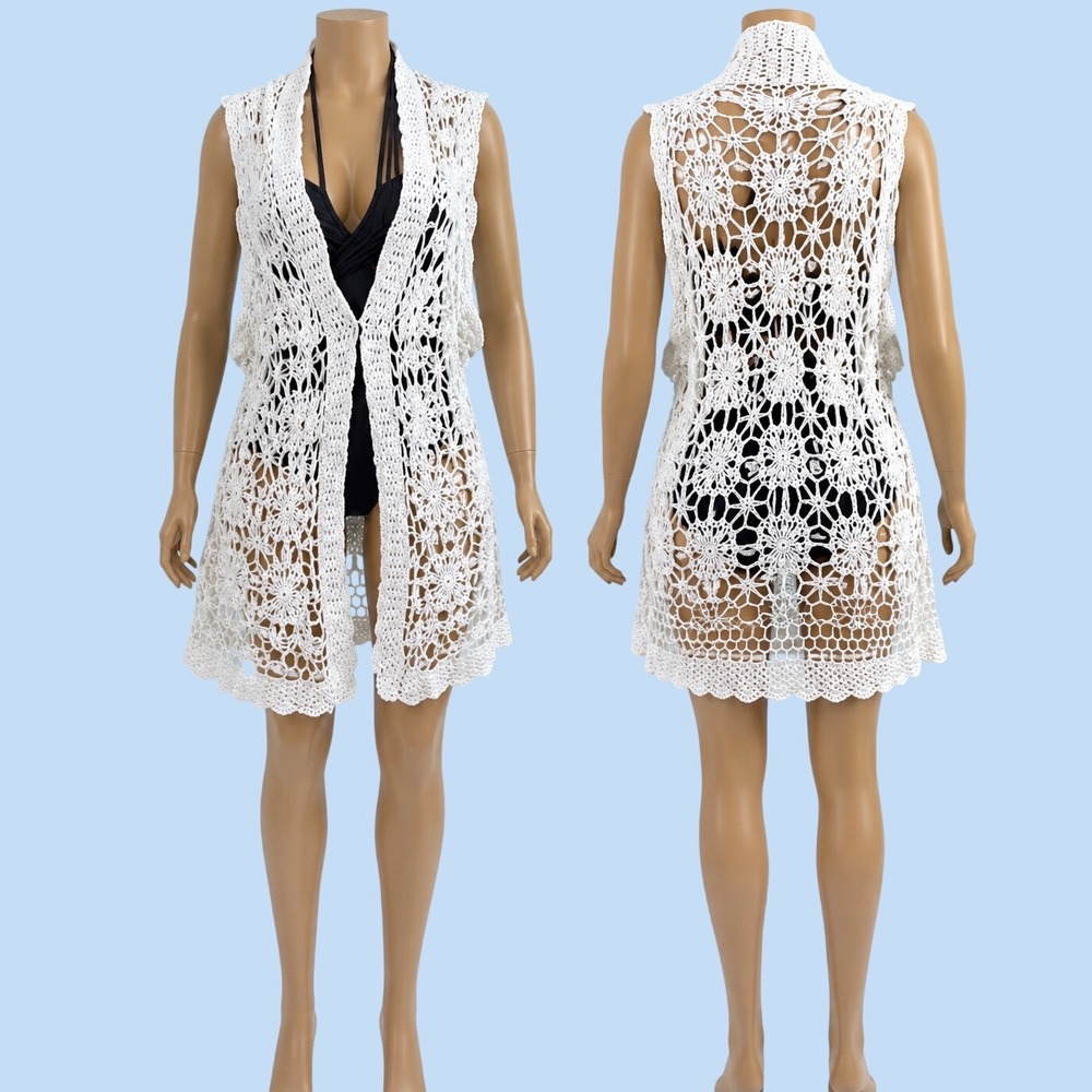 Cato Crochet Vest Womens XL White Floral Open Knit Boho Coastal Cotton Cover Up